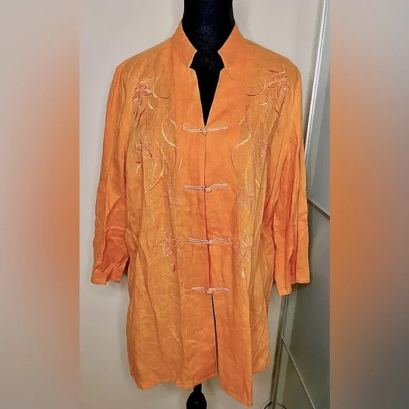 🧡Dean & White Mandarin, coral / embroidered button down linen top, 3/4 sleeves🧡 - Picture 2 of 10